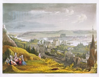Vernon, teoksesta "Views on the Seine", kaiverrettu Thomas Sutherland (s.1785), julkaissut R. Ackermann (1764-1834) 1821